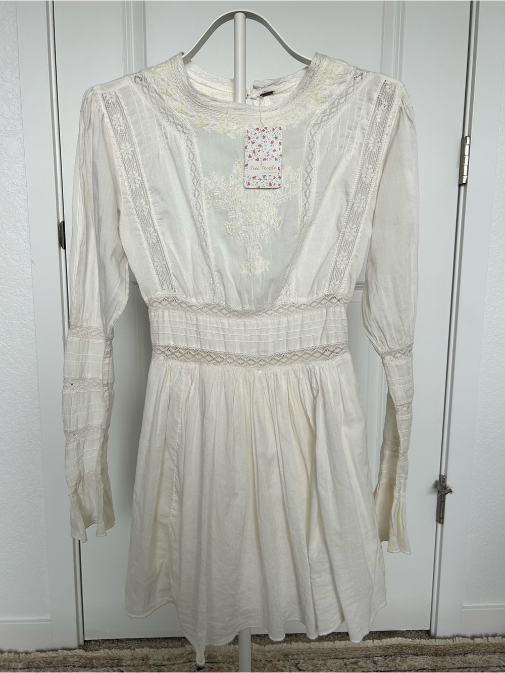 Free People Cream Lace-Trim Long Sleeve Dress
